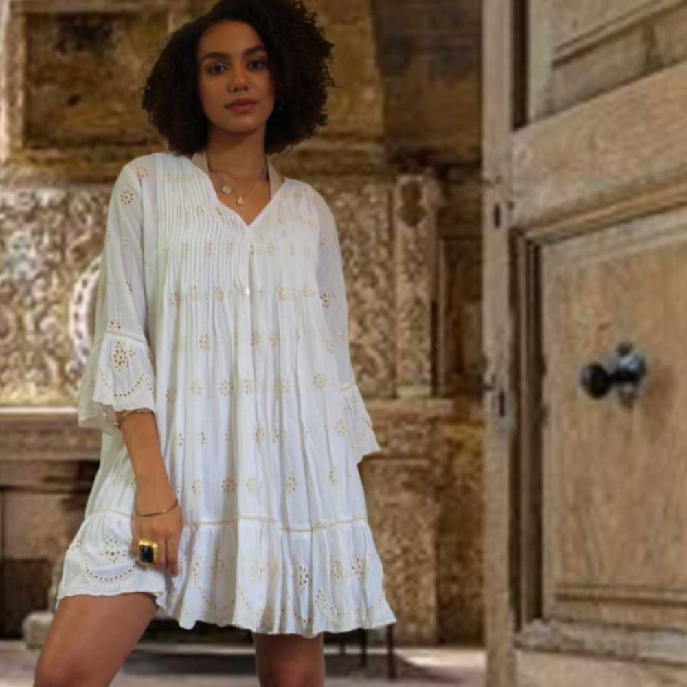boho cotton eyelet mini tunic bell sleeve dress
